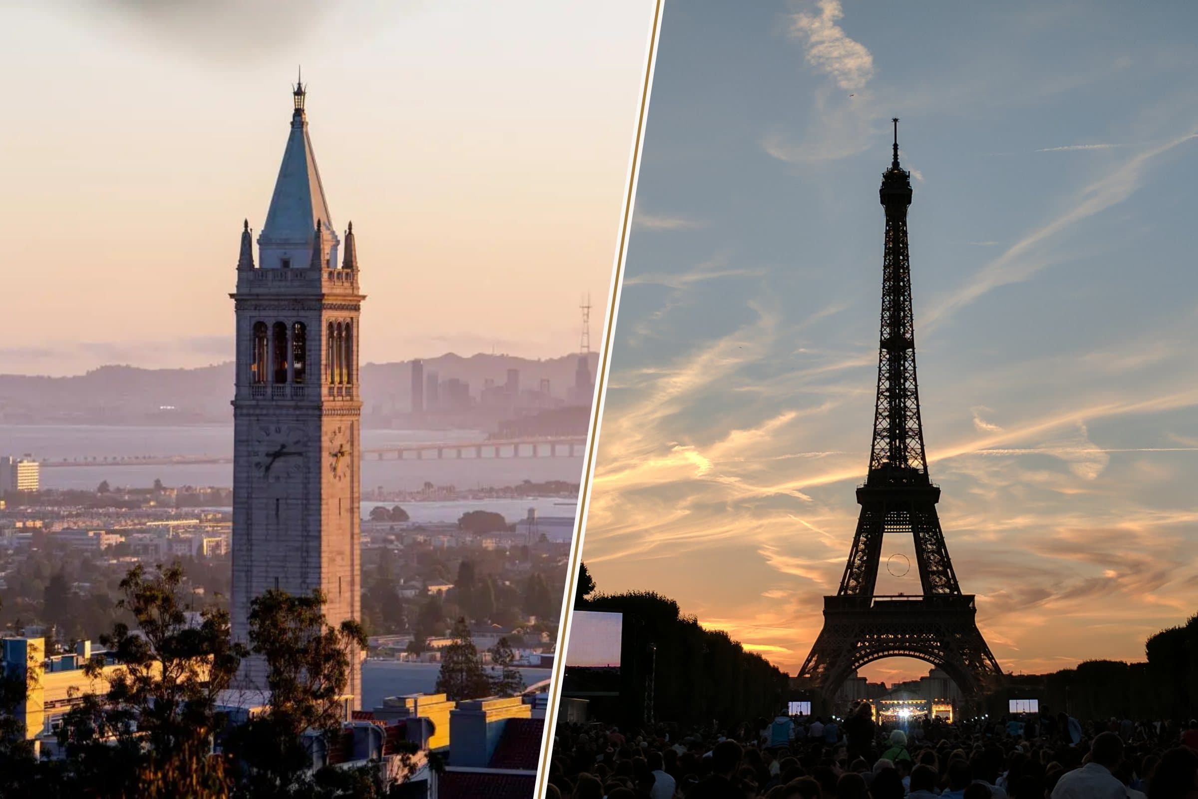 The Campanile at UC Berkeley at golden hour and the Eiffel Tower at sunset, set side by side and divided by a diagonal slash