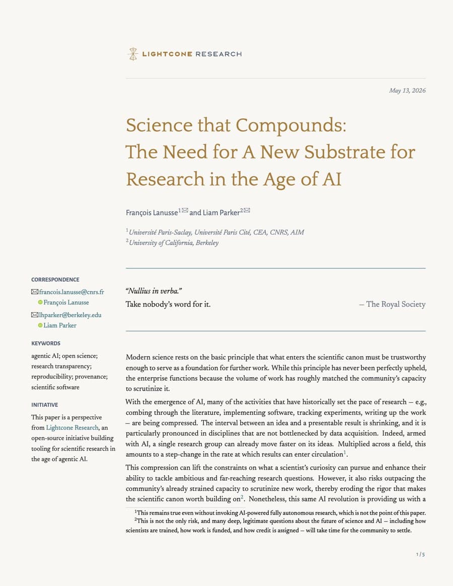 First page of the perspective paper “Science that Compounds: The Need for A New Substrate for Research in the Age of AI” by François Lanusse and Liam Parker